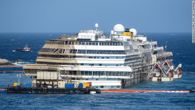 Costa Concordia upright a year later
