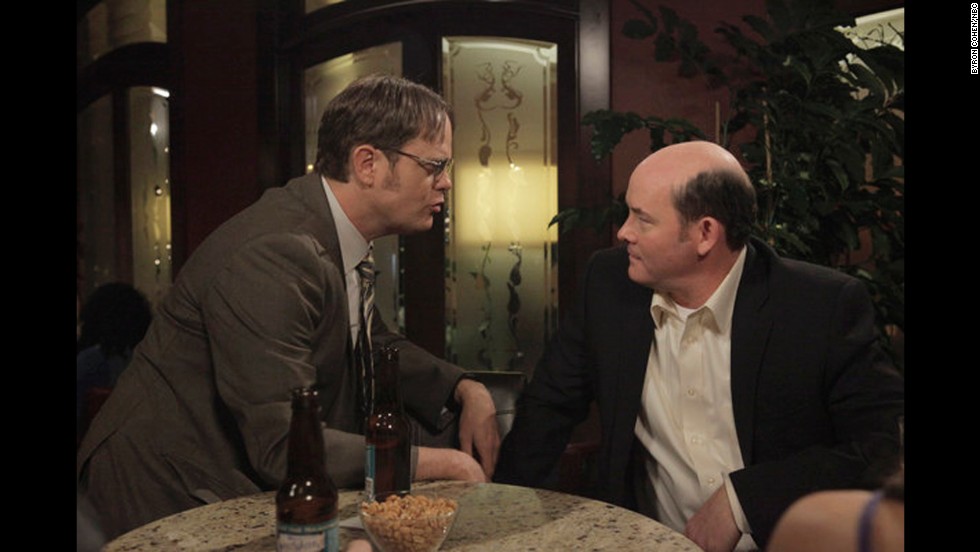 Rainn Wilson, left, as Dwight Schrute and David Koechner as the crude, rude office jokester Todd Packer in &quot;The Office.&quot;