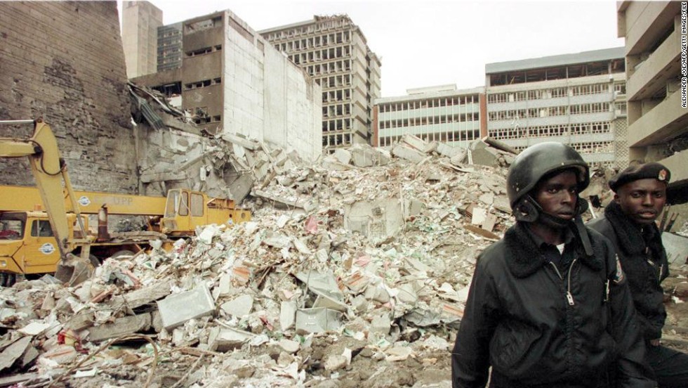 The blast on August 7, 1998 at the U.S. Embassy in Nairobi, Kenya, killed more than 200 people. Kenyan security guards keep watch on August 8, 1998, at the scene of explosion.