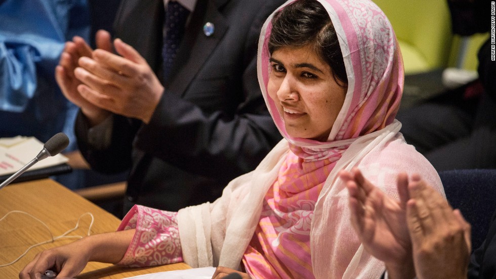Malala is applauded before she speaks at the United Nations Youth Assembly in New York on July 12, 2013, her 16th birthday. &quot;They thought that the bullets would silence us, but they failed,&quot; she said. &quot;And then, out of that silence, came thousands of voices.&quot;