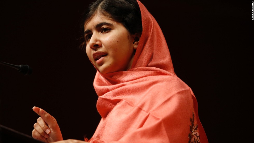 Malala addresses students and faculty of Harvard University in Cambridge, Massachusetts, after receiving the Peter J. Gomes Humanitarian Award in September 2013.