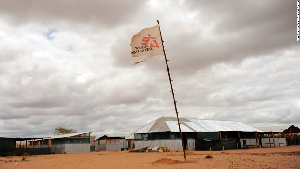 A flag bearing the logo of Medecins sans Frontieres (also known as Doctors Without Borders) stands in the middle of a makeshift clinic at Kenya&#39;s Dadaab refuge on October 16, 2011. Medicins sans Frontieres won the Nobel Peace Prize in 1999.  