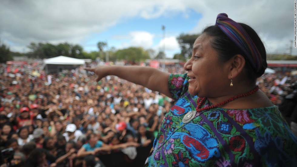 Rigoberta Menchu campaigns in the Alameda neighborhood of Guatemala City, Guatemala, on November 4, 2011. Menchu won the Nobel Peace Prize in 1992. 