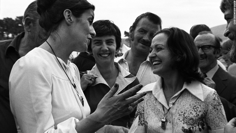 Betty Williams and Mairead Corrigan, co-founders of the Community for Peace People, share a joke while leading a peace rally of Catholic and Protestant woman in the Protestant Shankill Road, in Belfast, on August 28, 1976. Williams and Corrigan won the Nobel Peace Prize in 1976. 