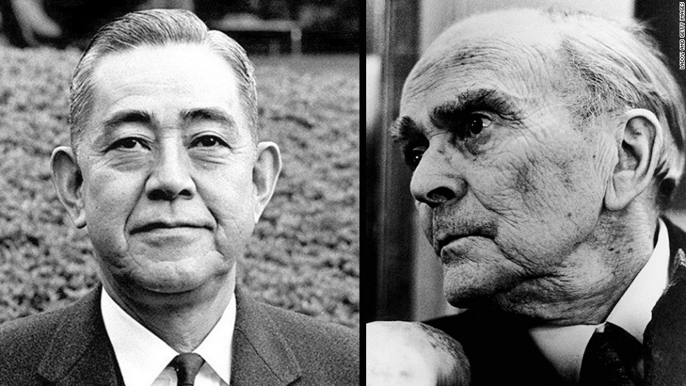 Japanese Prime Minister Eisaku Sato, left, and Irish official Sean MacBride shared the Nobel Peace Prize in 1974. 