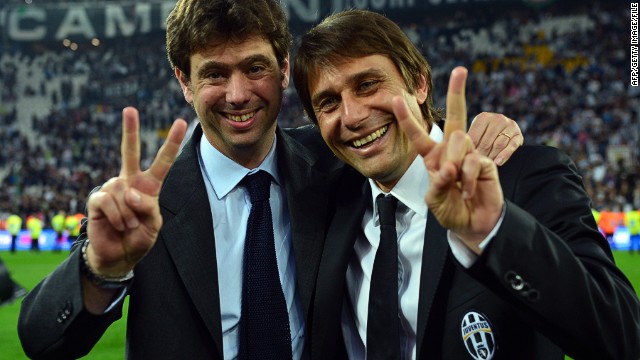 Juventus president Andreas Agnelli celebrates their 2013 Serie A win with the club&#39;s manager Antonio Conte