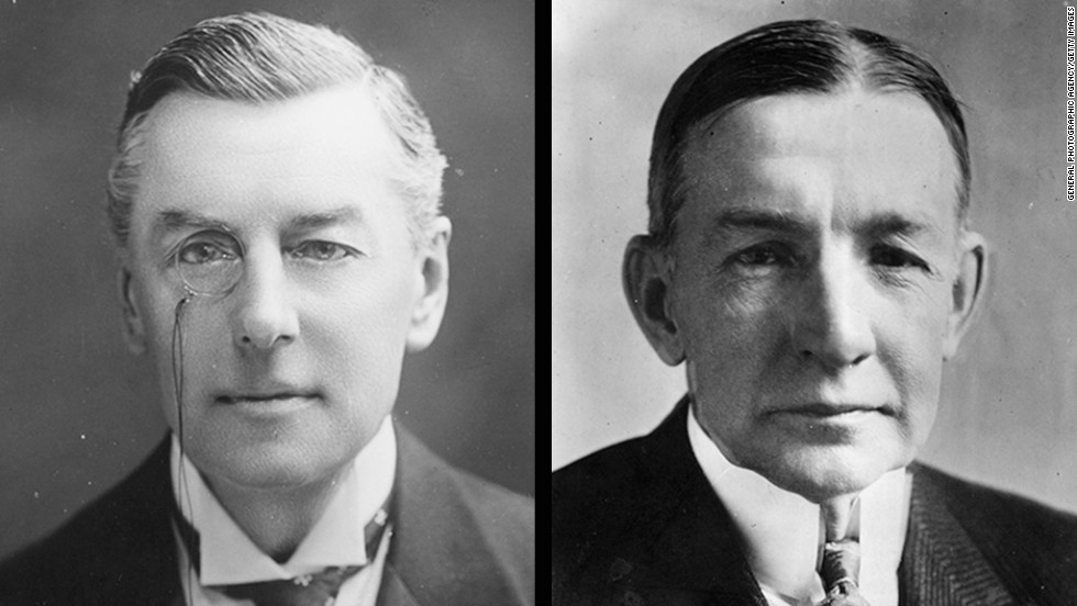 British statesman and Secretary of State for the Colonies Joseph Chamberlain, left, and American statesman and financier Charles Gates Dawes won the Nobel Peace Prize in 1925. 