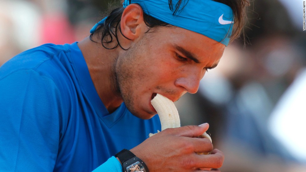 Rafael Nadal and other star players eat copious quantities of bananas for quick energy release during long matches.