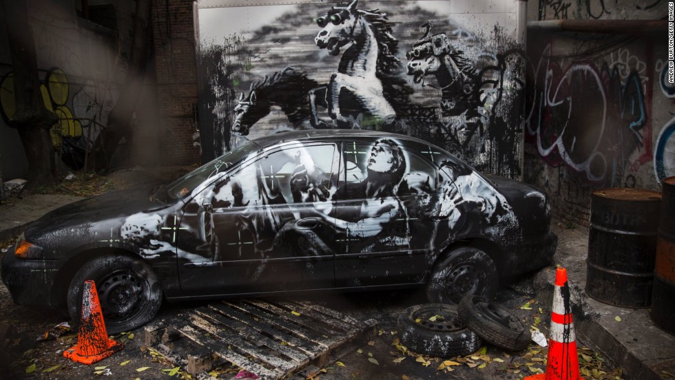 This installation, seen in October 2013, on the Lower East Side of New York, depicts stampeding horses in night-vision goggles. Thought to be a commentary on the Iraq War, it also included &lt;a href=&quot;http://banksy.co.uk/2013/10/09/lower-east-side&quot; target=&quot;_blank&quot;&gt;an audio soundtrack&lt;/a&gt;.