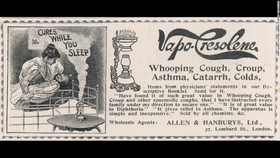 The Vapo-Cresolene vaporizer was supposed to cure whooping cough, croup, asthma and the common cold. Made with carbolic acid, it was advertised as a germ killer if inhaled.