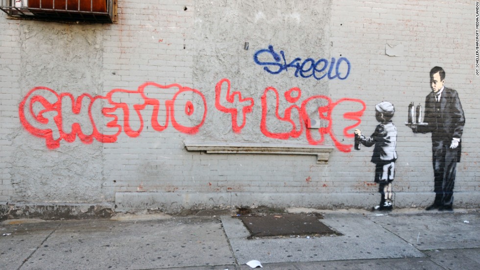Banksy's &quot;Ghetto 4 Life&quot; appeared in the Bronx in October 2013. New York City Mayor Michael Bloomberg suggested that Banksy was breaking the law with his guerrilla art exhibits, but the New York Police Department denied it was actively searching for him.