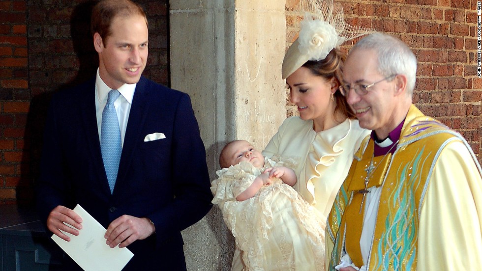 Prince William, Duke of Cambridge and Catherine, Duchess of Cambridge, leave with their son, along with with Archbishop of Canterbury Justin Welby after the christening. 
