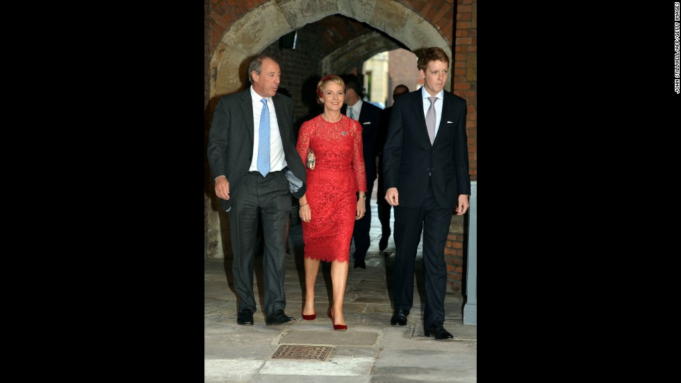 From left, Michael and Julia Samuel arrive with Earl Grosvenor, son of the Duke of Westminster. Julia Samuel was a good friend of William&#39;s mother, Diana, Princess of Wales.