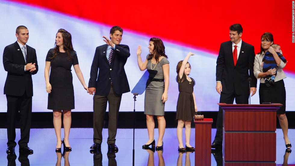 Palin&#39;s family appears on stage after her speech to the Republican National Convention in September 2008. From left to right are her son Track; daughter Bristol; Bristol&#39;s then-fiancee, Levi Johnston; daughter Willow; daughter Piper; husband Todd; and son Trig.