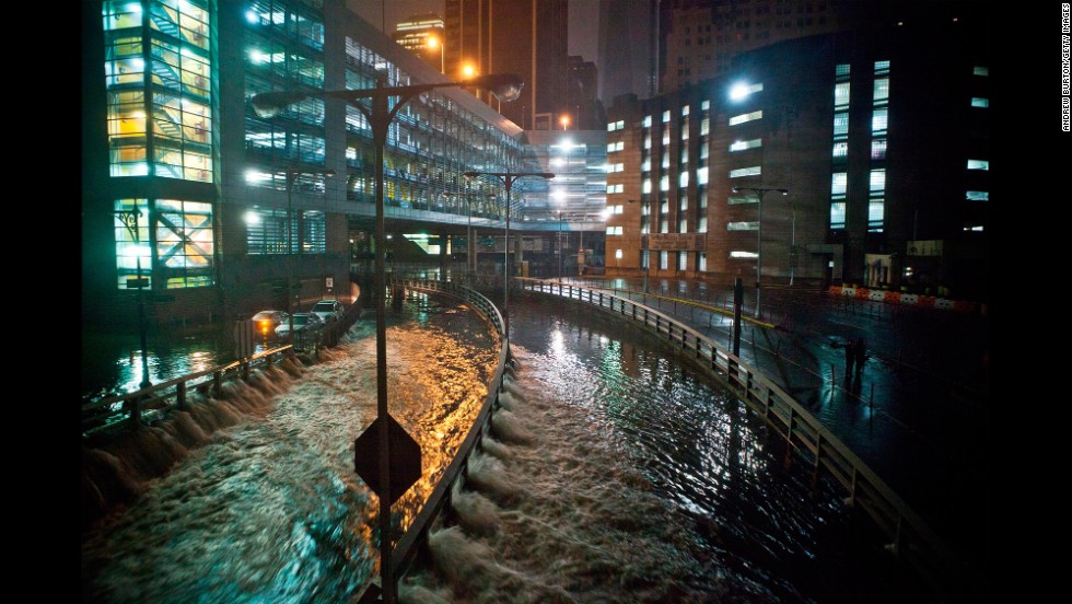 Rising water caused by Hurricane Sandy rushes into the Carey Tunnel (formerly the Brooklyn-Battery Tunnel), on October 29, 2012 in New York City. 