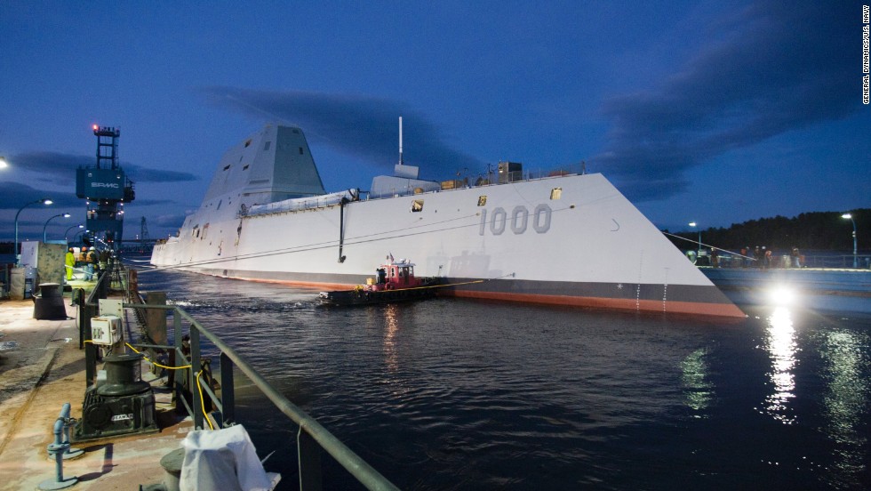 The USS Zumwalt, the U.S. Navy&#39;s newest warship, floats out of dry dock Monday, October 28, in Bath, Maine. The first of the new &lt;a href=&quot;http://security.blogs.cnn.com/2013/10/29/bigger-faster-deadlier-navy-launches-new-stealth-destroyer/&quot;&gt;DDG-1000 class of destroyers&lt;/a&gt;, it will be the Navy&#39;s largest stealthy ship when it begins missions.