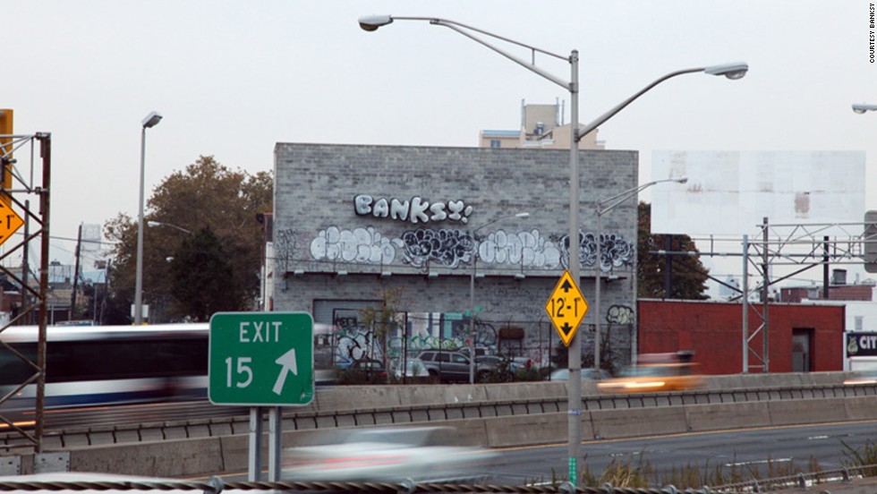 A set of balloons that reads &quot;BANKSY!&quot; is seen off the Long Island Expressway in Queens, New York, in October 2013. Banksy artwork appeared all over New York that month.