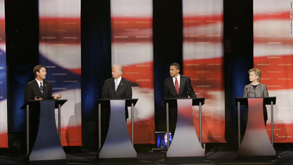 Biden, second from left, participates in a 2007 presidential debate with other Democratic candidates. With Biden, from left, are John Edwards, Barack Obama and Hillary Clinton.