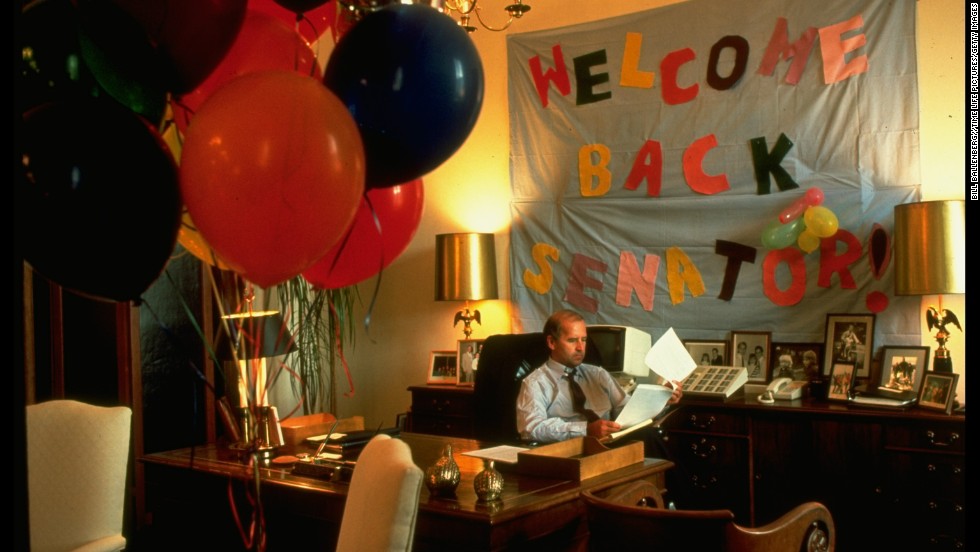 In February 1988, Biden had surgery to repair an aneurysm in an artery that supplies blood to the brain. Here, he sits in his office after returning to work.