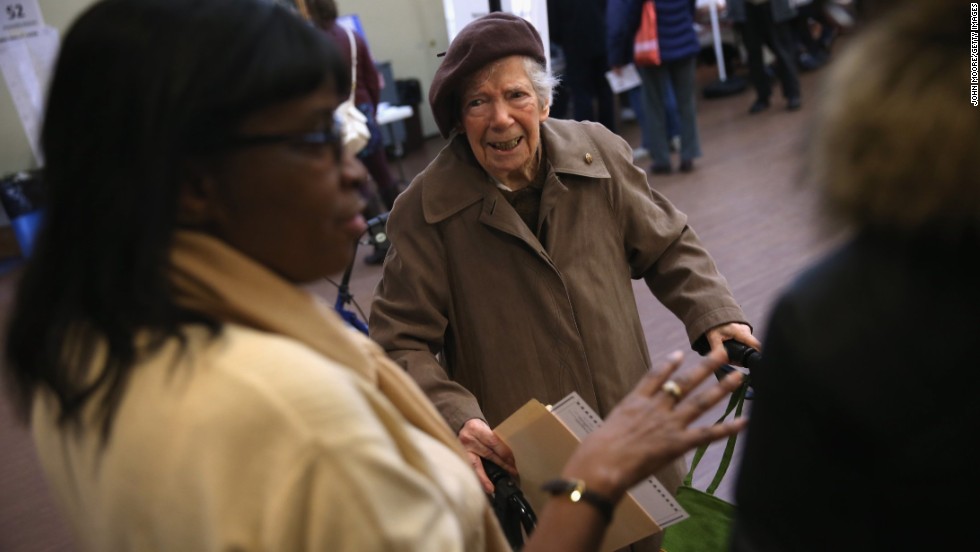 A voter asks for assistance at a polling station in Brooklyn.