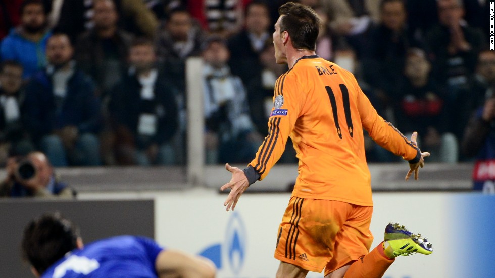 Gareth Bale wheels away after scoring Real Madrid&#39;s second goal against Juventus in Turin.