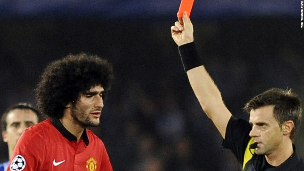 Marouane Felliani is sent off during Manchester United&#39;s disappointing goalless draw at Real Socieadad. 