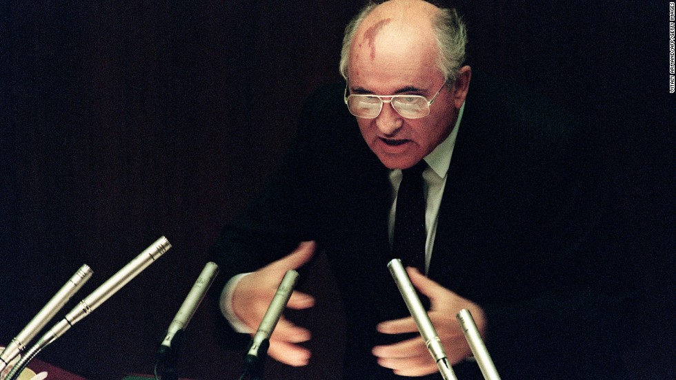 Gorbachev stresses a point during a session of the Supreme Soviet in Moscow in 1991.