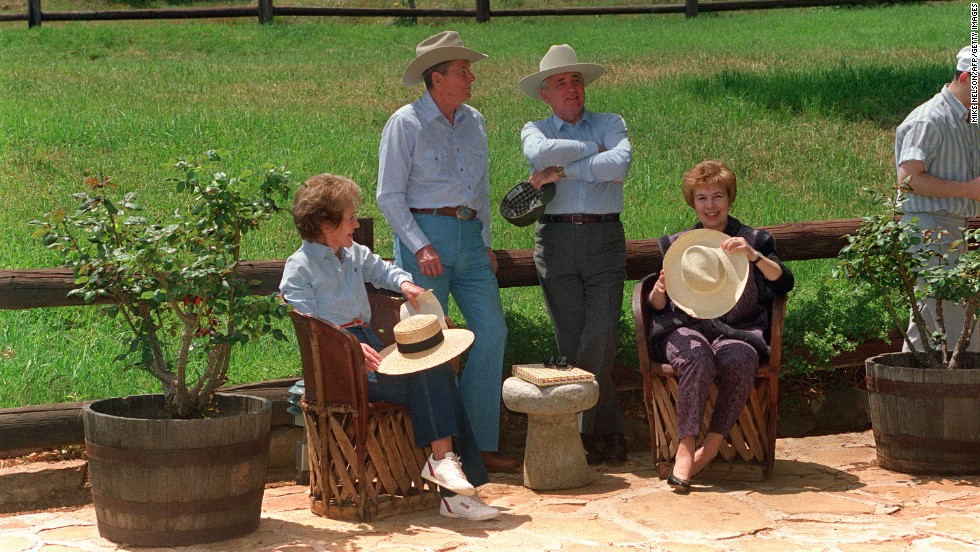 President Reagan and his wife, Nancy, chat with Gorbachev and his wife, Raisa, in the front yard of the Reagan&#39;s ranch in Santa Barbara, California, in 1992.