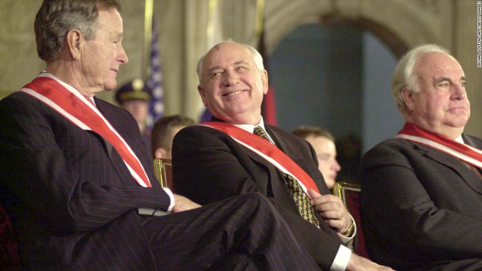 President Bush, Gorbachev and former German Chancellor Helmut Kohl  during a ceremony in Prague in 1999.