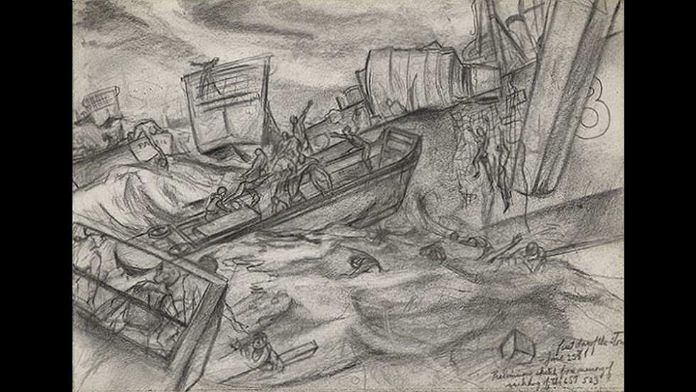 An artist&#39;s drawing of the rescue of LST 523, on Merriott served.
