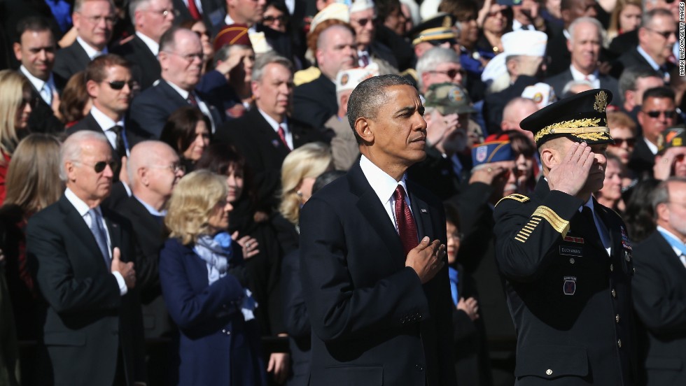 President Barack Obama looks on during a ceremony Monday at the Tomb of the Unknowns at Arlington National Cemetery.