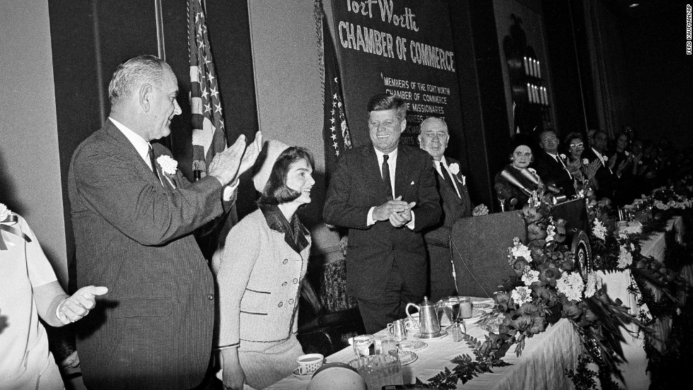First lady Jacqueline Kennedy at a breakfast held by the Chamber of Commerce in Fort Worth with Vice President Lyndon B. Johnson, left, and Kennedy. 
