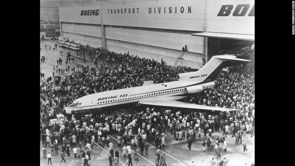 Crowds in Seattle gather for the first viewing of the Boeing 727 jet in December 1962. The aircraft&#39;s first flight would take place on February 9, 1963. The 727 is credited with opening the door to domestic travel for millions of everyday Americans.
