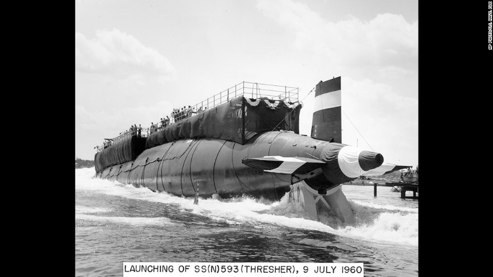 On April 10, 1963, 129 men lost their lives when the nuclear-powered submarine USS Thresher sank during deep-dive testing off Cape Cod. The sub is seen here during its launch in 1960.  The sinking is the deadliest submarine disaster in U.S. history and delivered a blow to national pride during the Cold War, becoming the impetus for safety improvements.