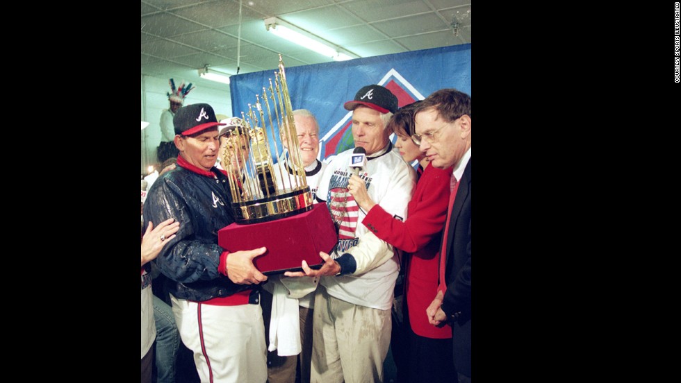 Turner talks to a reporter after the Braves won the World Series in 1995.