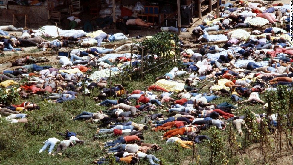 Bodies lie around the compound of the People&#39;s Temple in Guyana on November 18, 1978, after the over 900 members of the cult died from drinking cyanide-laced Kool Aid, victims of the largest mass suicide in modern history. Jeff Guinn, author of &quot;Manson,&quot; said on CNN&#39;s &quot;The Seventies,&quot; &quot;we will never know how many people voluntarily drank the poison. But other people were either coerced, brainwashed, or took it against their will. They were murdered.&quot;