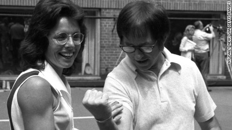 Billie Jean King with Bobby Riggs before the &#39;Battle of the Sexes&#39; match in 1973.