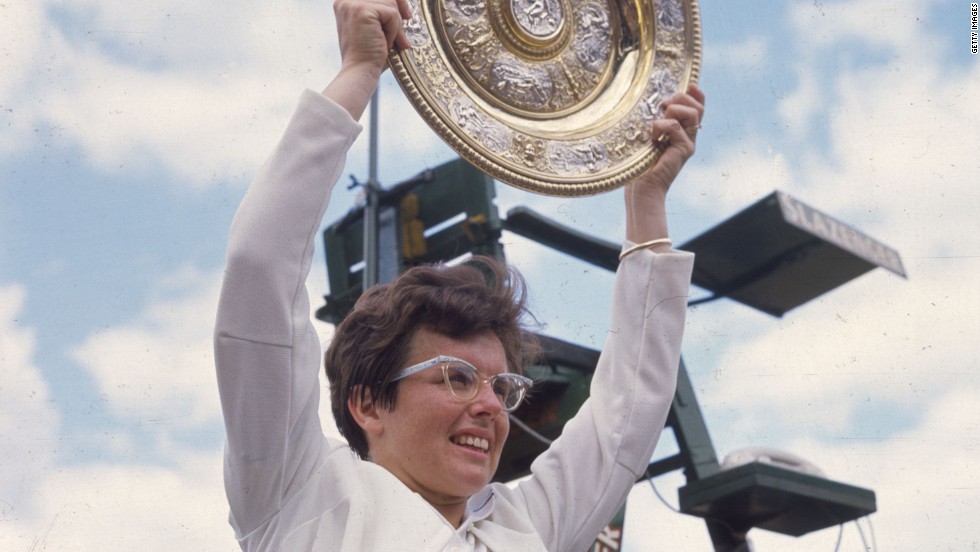 King holds aloft the trophy after beating Ann Jones to win the women&#39;s singles title at the Wimbledon Lawn Tennis Championships in 1967.