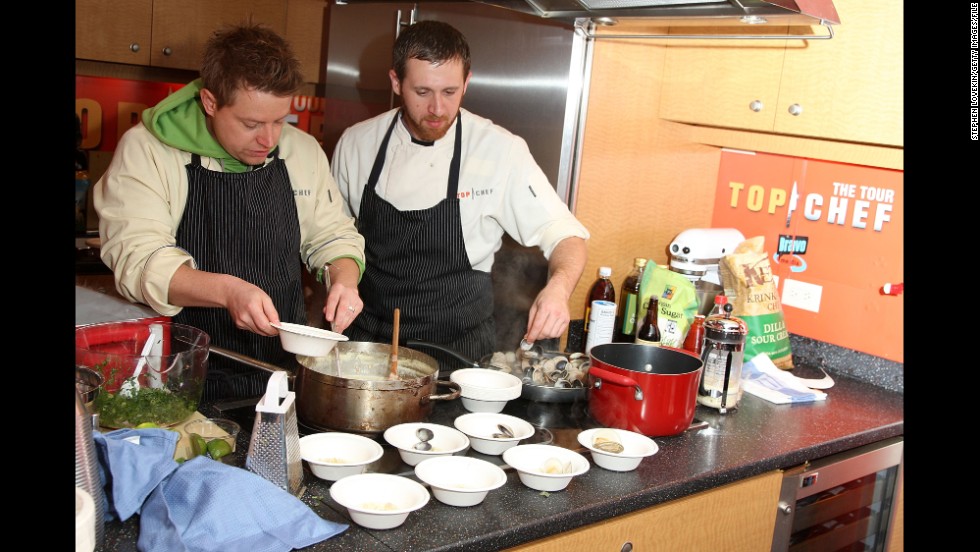 Blais, left, and fellow &quot;Top Chef&quot; contestant Andrew D&#39;Ambrosi demonstrate at a &quot;Top Chef&quot; interactive cooking show in New York in 2008.