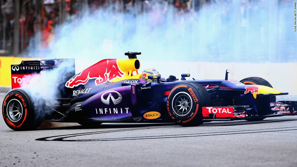 Vettel treated the crowd to a tire burning donut after wrapping up his ninth straight F1 victory by claiming the Brazilian Grand Prix.