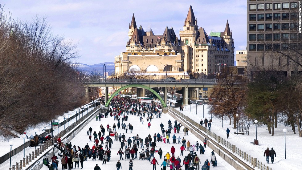 Each winter, one million people use the five-mile frozen stretch of the Rideau Canal that passes through the center of Ottawa. Shelters, chalets and access ramps for maintenance vehicles are installed to ensure the safety of commuters.