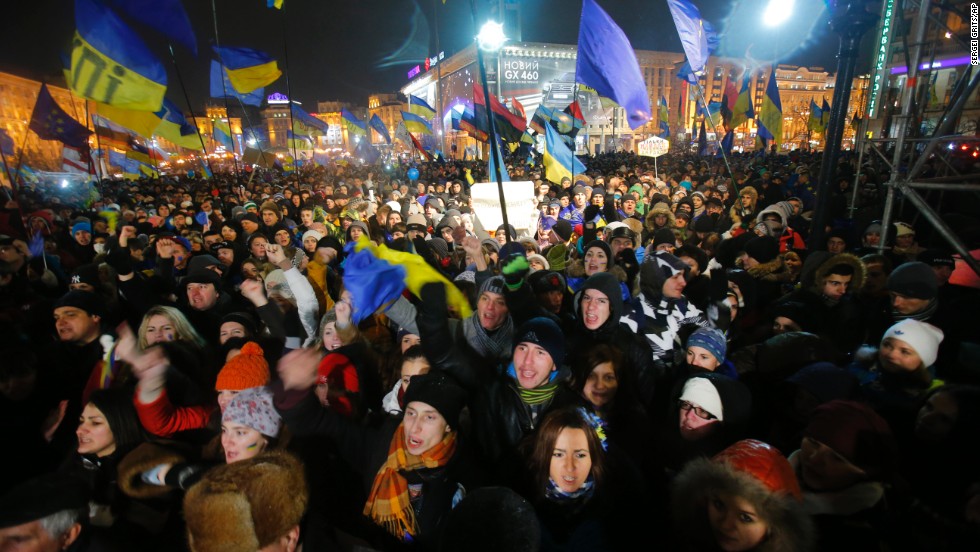 Demonstrators take to the streets in the center of Kiev on November 28.