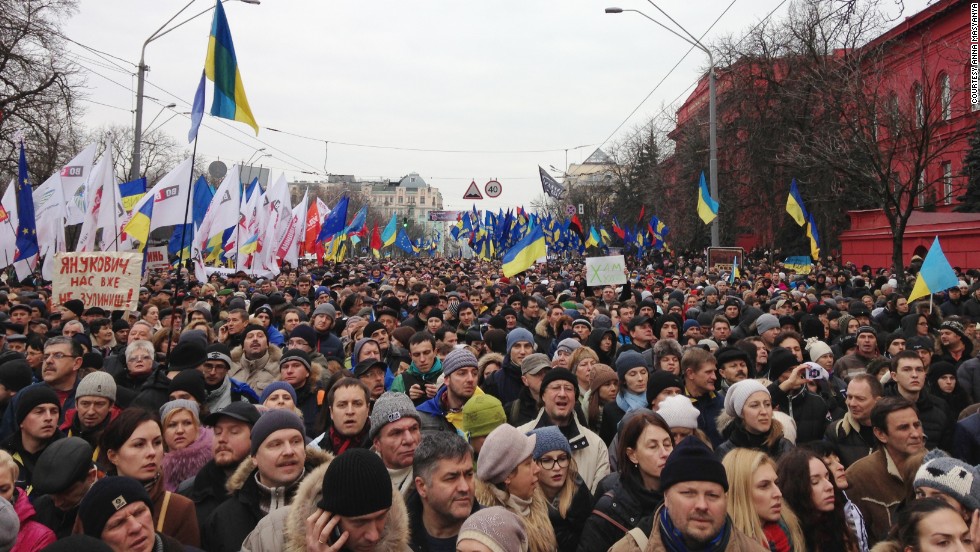 Anti-government protesters gather near Shevchenko University on December 1 in Kiev.