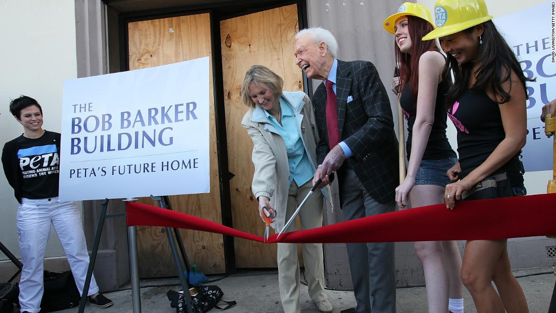 Barker and Ingrid Newkirk, president of People for the Ethical Treatment of Animals, cut the ribbon at the dedication ceremony of PETA&#39;s Los Angeles office in 2010. The office was named &quot;The Bob Barker Building.&quot; Barker donated $2.5 million to PETA to purchase and renovate it.