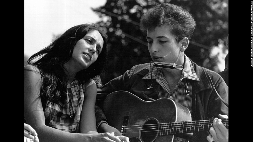Joan Baez and Dylan perform during the March on Washington, a pivotal moment in the civil rights movement, on August 28, 1963.
