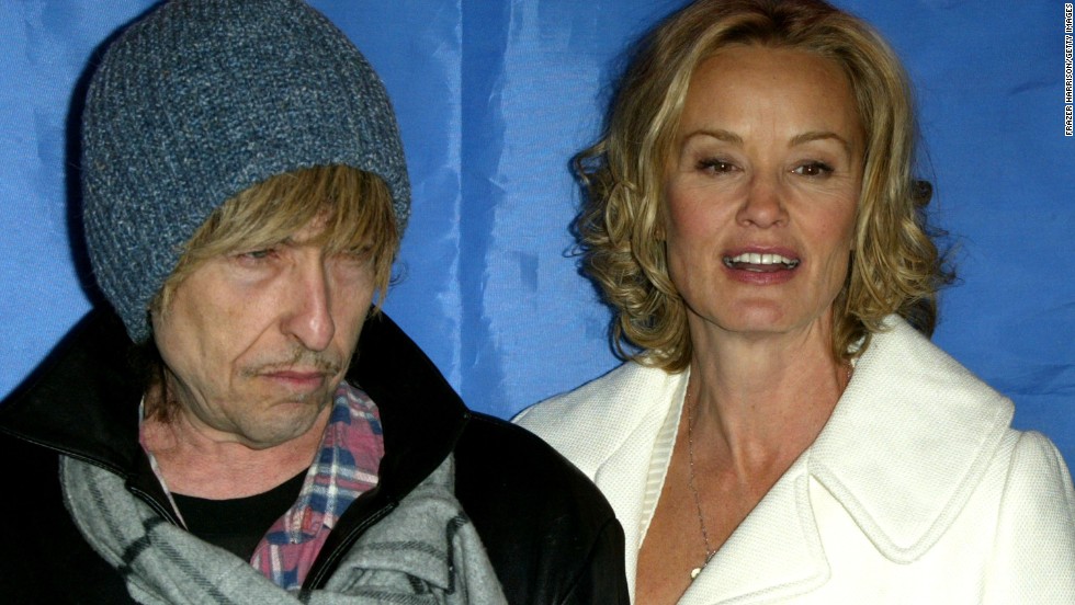 Dylan appears with actress Jessica Lange during a news conference for the movie &quot;Masked and Anonymous&quot; in 2003. Dylan co-wrote the movie and starred in it.