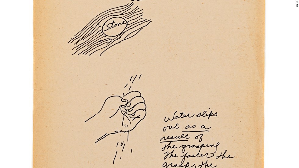 Water&#39;s fluid and adaptable properties inspired Lee&#39;s martial arts philosophy. This hand-drawn illustration by the action star reads: &quot;Motion of water / to fit, to accommodate (sic) itself to stone. Water slips out as a result of the grasping / the faster the grasp, the faster it slips.&quot;