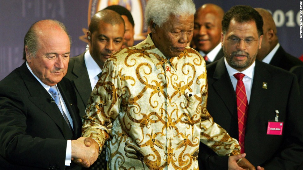 FIFA President Sepp Blatter seen here with Mandela during preparations for the 2010 World Cup. Blatter paid a glowing tribute to the former South African President on Thursday. &quot;Nelson Mandela will stay in our hearts forever. The memories of his remarkable fight against oppression, his incredible charisma and his positive values will live on in us and with us,&quot; Blatter said in a statement.  