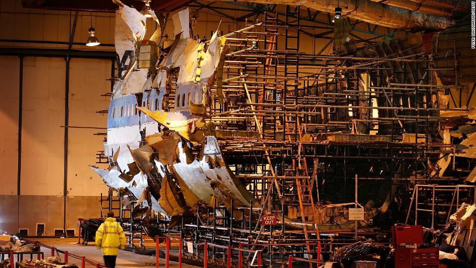 The reconstructed remains of Pan Am Flight 103 lie in a warehouse in Farnborough, England, on January 15, 2008.
