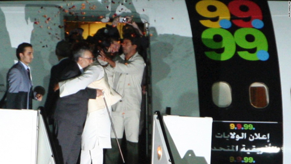Al Megrahi gets a hug from Seif al-Islam el-Gadhafi, Moammar Gadhafi&#39;s son, after he was released from prison on August 20, 2009. Though he was given just months to live, al Megrahi died nearly three years later, on May 20, 2012.